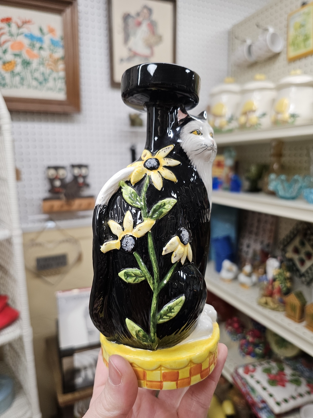 Vintage Nantucket Home Ceramic Cat Candle Holder Votive Yellow Flower Whimsy 90s - Picture 2 of 4